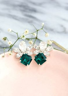 Emerald Earrings Emerald Green Crystal Earrings Bridal | Etsy Green Cluster Earrings As A Gift, Green Cluster Earrings Gift, Green Cluster Earrings For Wedding, Green Dangle Clip-on Earrings For Wedding, Green Drop Earrings For Bridal Gift, Green Emerald Bridal Earrings As Gift, Dark Green Crystal, Princess Cut Earrings, Emerald Green Crystal