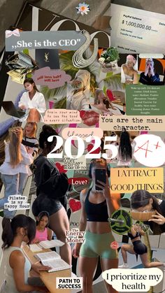 the collage shows many different images and words on it, including photoshopped