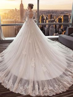 A-line Cathedral Train Royal Lace Wedding Dresses with 3/4 Sleeves SWD0044-SheerGirl Cathedral Train Wedding Dress, Cathedral Length Wedding Dress, Cheap Bridal Dresses, Popular Wedding Dresses, Elegant Bridal Gown, Lace Applique Wedding Dress, Train Wedding Dress, Dress Train, Cathedral Train