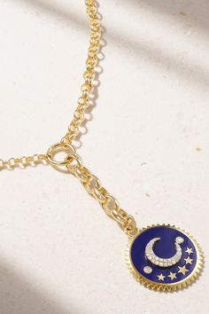 Foundrae's jewelry is based on symbolism and mythological archetypes - this necklace represents karma and growth. Handcrafted from 18-karat gold, the deep-blue enameled pendant is embellished with a diamond-encrusted moon and a row of stars. Celestial Clavicle Chain For Jewelry Making, Celestial Pendant Jewelry With Clavicle Chain, Celestial Clavicle Chain Pendant Jewelry, Symbolic Gold Plated Round Pendant Jewelry, Symbolic Gold-plated Round Pendant, Symbolic White Gold Tarnish-resistant Necklace, Celestial Style Round Necklace With Adjustable Chain, Celestial Round Necklace With Adjustable Chain, Symbolic Jewelry With Detachable Pendant As Gift