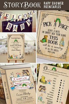 the story book baby shower printables are on display in this collage with pictures