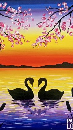 a painting of two swans in the water