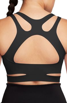 Cutout designs play up the sporty, contemporary style of a moisture-wicking sports bra that offers lightweight support for everyday wear. Dri-FIT moisture-wicking technology Chafe-reducing raw hems Midweight InfinaLock fabric 68% nylon, 32% spandex Machine wash, line dry Imported Black Nylon Go-dry Sports Bra, Black Nylon Sports Bra With Go-dry Technology, Black Go-dry Nylon Sports Bra, Go-dry Black Nylon Sports Bra, Black Sports Bra With Go-dry High Stretch, High Stretch Black Sports Bra With Go-dry, Black Nylon Moisture-wicking Sports Bra, Black Racerback Nylon Sports Bra, Black Moisture-wicking Nylon Sports Bra