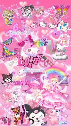 a pink background with many different types of stickers on the bottom right corner and an image of cats, dogs, unicorns, hearts, rainbows