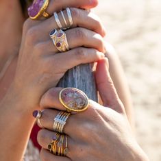 Gorgeous One of a Kind faceted Ocean Jasper Ring set in 14k Gold Plated 92.5% Sterling Silver - pink, white, yellow hues. Stunning!   Height of face of stone - 29mm Width of face of stone - 21mm  Ocean Jasper - The rhythmic cadence of the sea has always called humanity to its shores, to breathe its essence, feel its gentle power, and to lay one's burdens aside. Ocean Jasper brings that same spirit of peace and letting go, of breathing deeply and consciously, attuning to Nature and being physical Pink Oval Stackable Jewelry, Pink Round Artisan Jewelry, Adjustable Pink Gemstone Stackable Rings, Pink Multi-stone Ruby Ring, Unique Faceted Yellow Gold Ring, Unique Faceted Gold Rings, Pink Gemstone Stackable Rings Fine Jewelry, Fine Jewelry Pink Stackable Rings With Gemstones, Artisan Pink Gemstone Jewelry