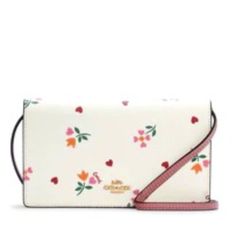 Brand New & Adorable! Coach Anna Foldover Light Ecru / White Printed Coated Canvas & Pink Leather Shoulder Bag Crossbody With Clutch & Wallet All In One, In Gorgeous Pink & Yellow Flowers With Red Hearts. Perfect Purse With Jeans, Shorts, Business, Beach, Skirts, Slacks, Dress, Tank Top, T-Shirt, Leggings, Yoga Pants, Althleisure, Leisurewear, Y2k Look For Spring, Summer, Fall, Winter! This Gorgeous Satchel Has Quality Coach Gold-Toned Hardware, And Coach Logo Engraved On Front Interior Leather, Elegant White Clutch With Card Slots, White Crossbody Clutch With Detachable Strap, Designer White Pouch Clutch, White Pouch Bag With Interior Card Slots, Designer White Shoulder Bag Clutch, White Clutch With Card Slots, Designer White Clutch For Daily Use, White Clutch For Daily Use, Designer White Clutch For Everyday Use