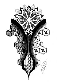 an intricate design with black and white colors on the back of a tattoo flash sheet