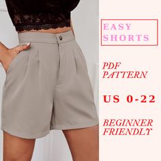 These short pants are currently very trendy and useful in the summer time. With this pants pattern, you can create  beautiful shorts for woman. For this project, consider  light to medium-weight fabrics. It includes detailed sewing instructions to ensure that everyone can easily follow along. This easy shorts sewing pattern is available in 12 sizes, from US 0 to US 22. You can print the pattern at home using A4 or US Letter paper, or at a copy shop using the A0 format. To simplify the cutting pr Easy Shorts Sewing Pattern, Free Shorts Sewing Pattern Women, Diy Shorts Pattern, Linen Shorts Pattern, Short Pants Pattern, Sew Shorts, Elegant Shorts, Woman Sewing, Shorts Sewing Pattern