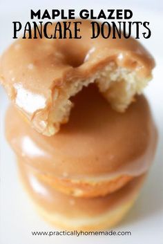 a close up of a doughnut with a bite taken out of it and the text baked pancake mix with maple glaze