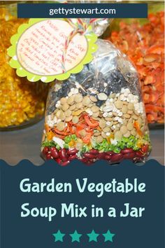 garden vegetable soup mix in a jar with text overlay that says garden vegetable soup in a jar