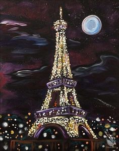 a painting of the eiffel tower in paris at night with lights on it