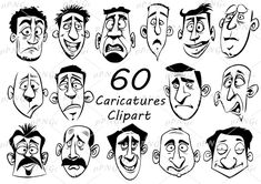 cartoon faces with different facial expressions and the words 60 caricatures clipart