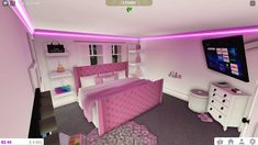 a bedroom with pink furniture and purple lighting