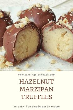 chocolate covered truffles on a plate with text overlay that reads, hazelnut marzipan truffles an easy homemade candy recipe