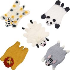 four pairs of animal finger puppets are shown in different colors and sizes, including black, white, gray, yellow, and red