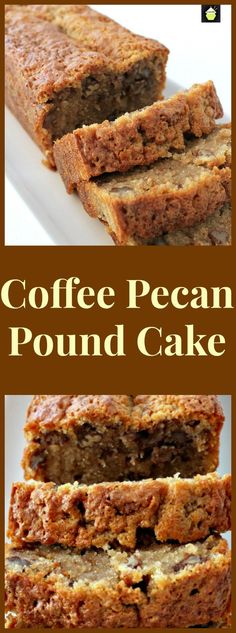 coffee pecan pound cake is cut into slices and stacked on top of each other