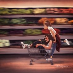 two people sitting on top of a shopping cart