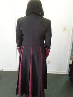 Pulpit Robes-Phoebe, tailored Cassock Robe for Female Formal Fitted Outerwear With Contrast Trim, Fitted Black Outerwear With Contrast Trim, Ministry Apparel, Clergy Women, Contemporary Clothes, Ice Dragon, Burgundy Fabric, Contrast Collar, Womens Robes