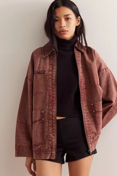 We The Free Easy That Canvas Jacket | Free People Cute Womens Jackets, Womens Chore Jacket, Oversize Black Jean Jacket Outfit, Waffle Jacket Outfit, Women’s Fall Style, Free People Fall 2024, Hippy Office Wear, Canvas Jacket Outfit Women, Fall 2024 Jackets