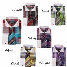 New Men's Dress Shirt Check Design French Cuff  Spread Collar Tie & Hanky   Style# AH626 Color: Aqua, Black, Navy, Gold, Lime, Purple Dress Shirt Size: 15 1/2, 16 1/2, 17 1/2, 18 1/2, 19 1/2, 20 1/2 Sleeve Length: 34/35, 36/37 Woven tie and handkerchief Spread neck, white collar French cuff white Big Check/plaid Design shirt body Plaid/paisley Design Tie&hanky Check Design Dress, Mens Fashion Dress Shirts, Purple Dress Shirt, French Cuff Dress Shirts, Casual Formal Dresses, New Mens Fashion, French Cuff, Check Design, Cotton Blends Dress