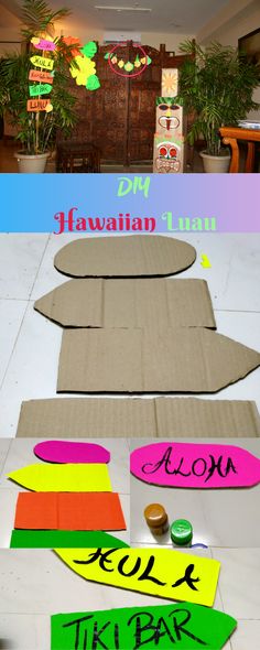 there are several pieces of cardboard that have been cut out to look like hawaiian surfboards