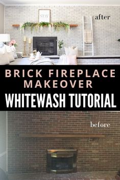 brick fireplace makeover with whitewash and red bricks before and after it has been painted