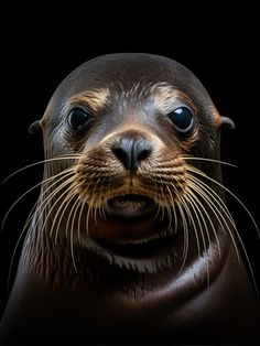 an animal that is looking at the camera with blue eyes and brown fur on it's head