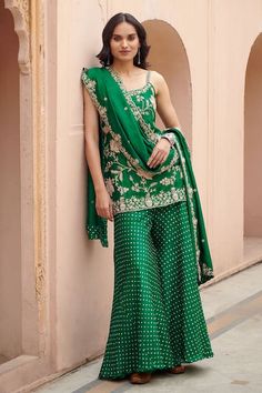 Buy Emerald Green Silk Embroidered Lotus Kurta Set With Chanderi Dupatta For Women by Pink City Online at Aza Fashions. Green Sleeveless Traditional Wear With Zari Work, Sleeveless Green Traditional Wear With Zari Work, Green Sleeveless Anarkali Traditional Wear, Sleeveless Green Traditional Designer Wear, Green Sleeveless Traditional Wear With Resham Embroidery, Bollywood Style Sleeveless Sharara With Dabka Work, Sleeveless Green Salwar Kameez For Festivals, Sleeveless Green Pallu Traditional Wear, Sleeveless Green Salwar Kameez With Dupatta