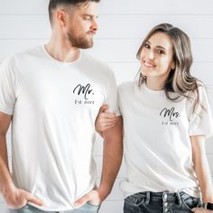 for the 2023 wedding season the perfect Mr. and Mrs est 2023 T-shirt's are here! these are super comfy bella and canvas tees they are made to order for youThe Unisex Staple T-Shirt feels soft and light with just the right amount of stretch. It's comfortable and flattering for all. We can't compliment this shirt enough-it's one of our crowd favorites, and it's sure to be your next favorite too!  Solid colors are 100% Airlume combed and ring-spun cotton sales are final but if for any reason you ar Wedding Gifts For The Bride, Groom Wedding Gifts, Matching Tshirts, Cricut Craft Ideas, Married Shirt, Engaged Shirts, Gifts For The Bride, Monogram T Shirts, Mrs Shirt