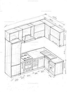 a drawing of a kitchen with cabinets and drawers