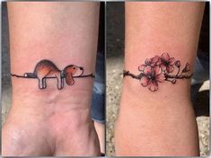 two wrist tattoos with flowers and a dog on the left side of the wrist, one is