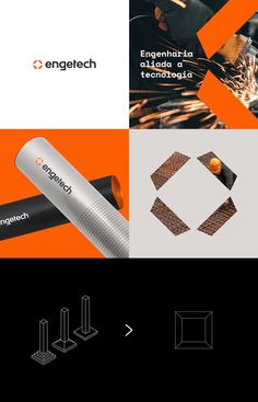 the logo for engetech is shown in three different colors and styles, including orange