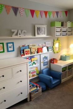 a child's room with white furniture and colorful decorations