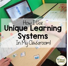 two children sitting at a table with laptops and papers in front of them that read how i use unique learning systems in my classroom