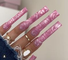 Pink Marble Nails, Anime Nails, Colored Acrylic Nails, Long Square Acrylic Nails, Bling Acrylic Nails, Glam Nails