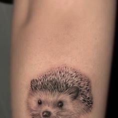 a small hedgehog tattoo on the right thigh