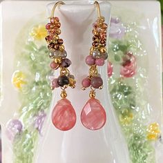 Pink gemstone earrings. Thank you for visiting PastelGems Dangle Jewelry With Gemstone Accents For Gift, Dangle Crystal Earrings With Gemstone Accents As Gift, Teardrop Gemstone Earrings As Gift For Her, Gemstone Drop Earrings For Jewelry Making, Dangle Jewelry With Gemstone Accents, Gemstone Beaded Drop Earrings As Gift, Bohemian Earrings With Gemstone Accents For Gift, Unique Dangle Jewelry With Gemstone Accents, Gemstone Beaded Drop Earrings For Gifts