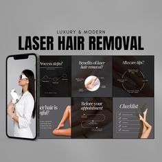 100 Instagram Templates to Showcase Your Product and Engage with Your Audience Sleek, Laser hair removal templates that will help make your brand more concise and recognizable. This set is ideal Laser Technician, Beauty Salon and any product related business.  Promote your business and drive traffic to your profile! 🌟 WHAT'S INSIDE? ⋆ 50 instagram post templates (1080 x 1080 px) ⋆ 50 matching stories templates (1920 x 1080 px) (You'll get a PDF file with the direct links to the templates) DISCL Laser Hair Removal Instagram Post, Laser Hair Removal Marketing, Laser Technician, Esthetician Posts, Ipl Laser, Hair Removal Machine, Beauty Center, Wedding Invitation Paper, Laser Hair