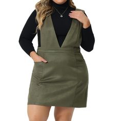 Featuring a classic overall pinafore design, this dress combines vintage charm with modern sophistication. The faux suede fabric adds a touch of elegance, while the solid color layered top and bag provide a stylish and effortless everyday look. From casual outings to dates, schools, holiday gatherings, or parties, this dress is a perfect choice for any event. The dress features a flattering V-neckline that adds a feminine touch to your ensemble. The sleeveless design allows for easy layering and Straight Line Designs, Plus Size Halloween Costume, Target Clothes, Suspender Skirt, Denim Shirt Dress, Midi Short Sleeve Dress, Trendy Plus Size Clothing, Pinafore Dress, Collars For Women