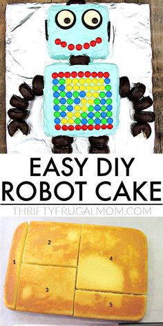 a diy robot cake decorated with simple things like Oreos and M&M's Kid Birthday Cake Ideas, Birthday Cake 4th Boy, Boys 5th Birthday Cake, Diy Birthday Cake For Boys, 6th Birthday Cake Boys, Bday Cake For Boys Kids, Robot Food Ideas