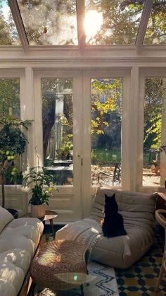 a black cat sitting on top of a couch in a living room next to a window