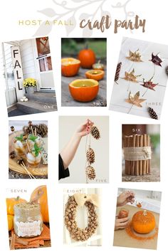 a collage of photos with pumpkins, pine cones and other things in them