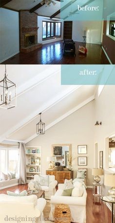 before and after pictures of a living room with white walls, wood floors and ceiling