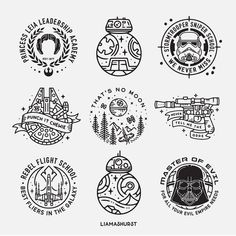 six star wars emblems in black and white, each with a different type of character