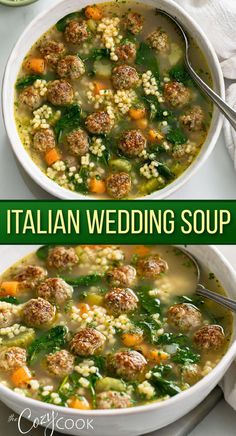 italian wedding soup with meatballs and vegetables in a white bowl