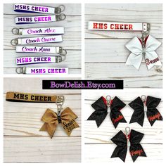 four different types of cheer bows with the words mrs cheer on them and their name tags