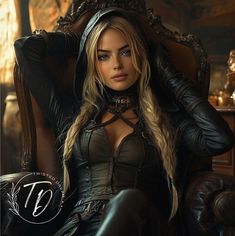 a beautiful woman sitting on top of a chair in a black dress and leather outfit