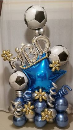 a blue star surrounded by silver and gold balloons with the word happy new year written on it