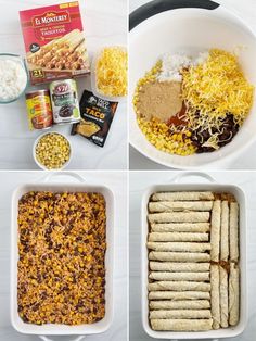 four pictures showing the steps to make an enchilada casserole recipe