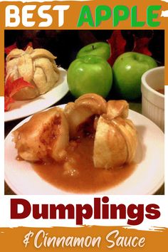 the best apple dumplings and cinnamon sauce are on this plate with apples in the background